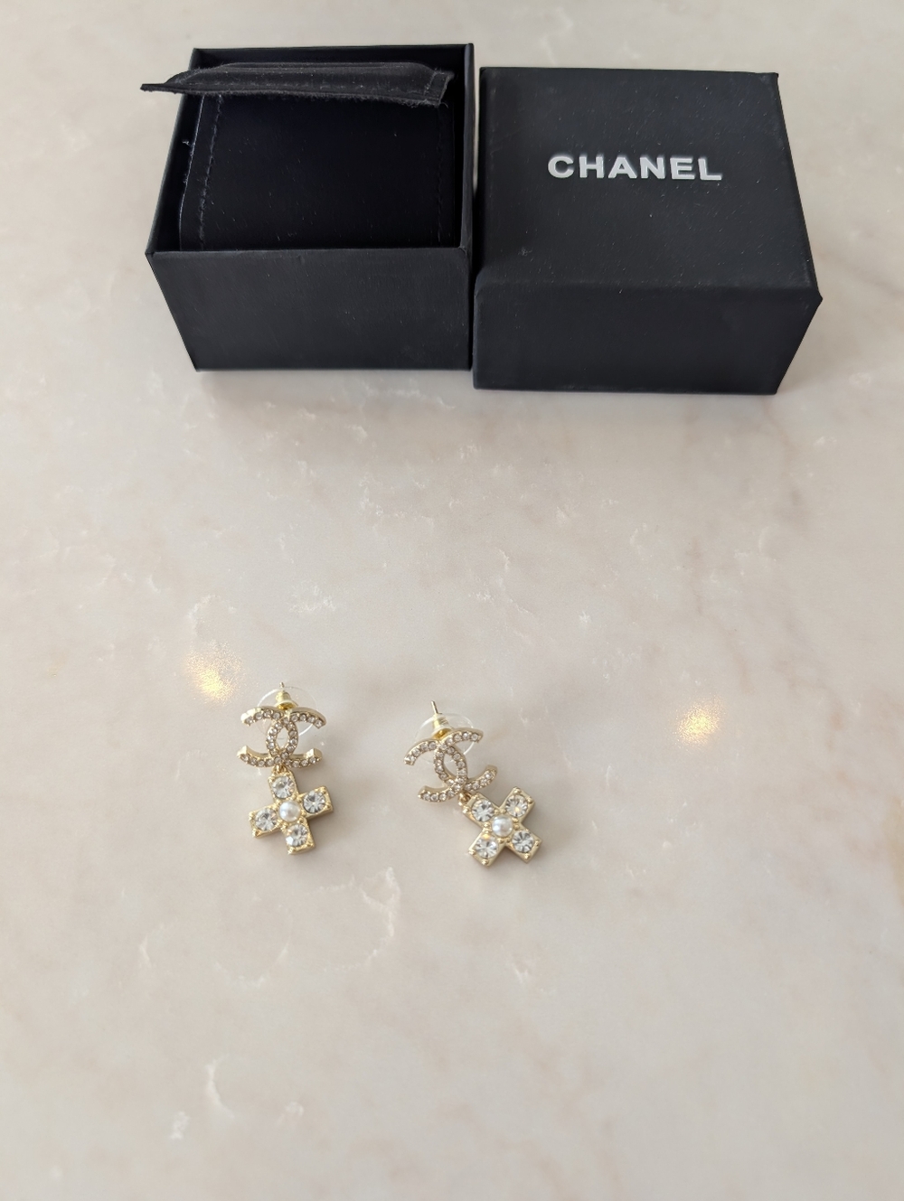 Chanel Gold Crystal Cross Drop Earrings with Interlocking Logo Accent - Picture 4 of 5